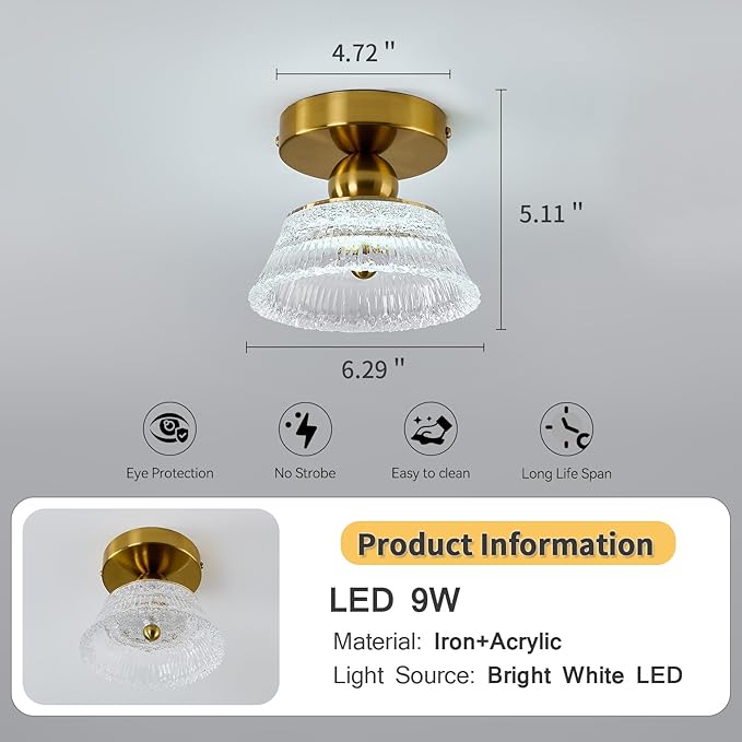 CVKASH Mini Gold Semi Flush Mount Ciling Light LED Modern Hallway Light Fixture Acrylic Close to Ceiling Lamp for Kitchen Living Room Bathroom Entryway Bedroom