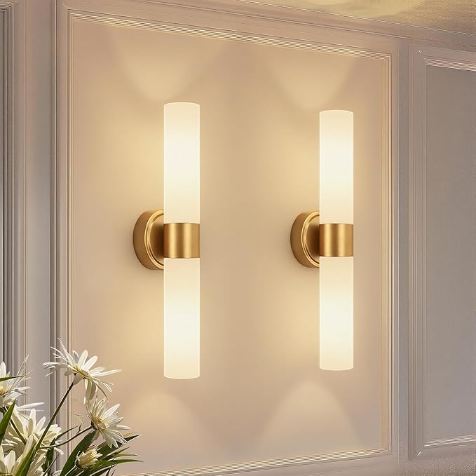 Wall Sconces Set of Two, Modern Bathroom Sconces Wall Lighting with Milky White Glass, Brushed Gold Sconces Wall Decor Set of 2 for Bathroom Mirror Bedroom Living Room Hallway (HARDWIRED)