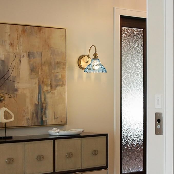 Vintage Blue Glass Lampshade Bedroom Wall Sconces 1-Light Hardwired Wall Mount Bathroom Wall Sconce Light Fixtures for Hallway Kitchen Dress Room