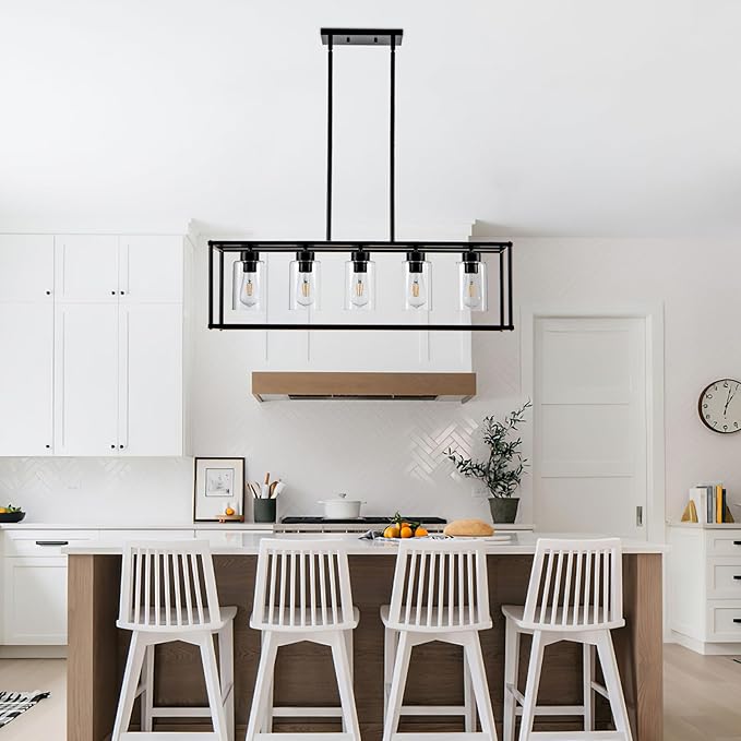 5 Light Dining Room Light Fixture Matte Black Farmhouse Chandelier Over Table Rectangular Kitchen Pendant Lighting Rectangle Modern Industrial Living Room Hanging Lights Adjustable Height