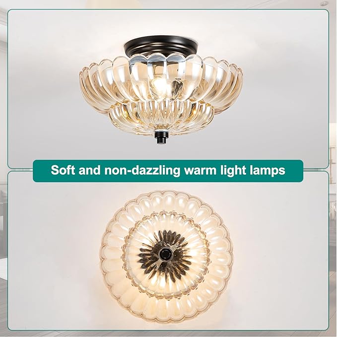 Semi Flush Mount Ceiling Light, Modern Ceiling Light Fixture with Amber Glass, Vintage Indoor E26 Kitchen Lighting for Closet, Porch, Corridor, Hallway, Bedroom