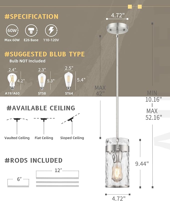 AUTELO Glass Pendant Light, Brushed Nickel 2 Light Island Pendant Lights for Kitchen with Hammered Glass, Modern Hanging Lamp with Adjustable Rods for Dining Room Bedroom Bathroom, H-2529 HMST2PK