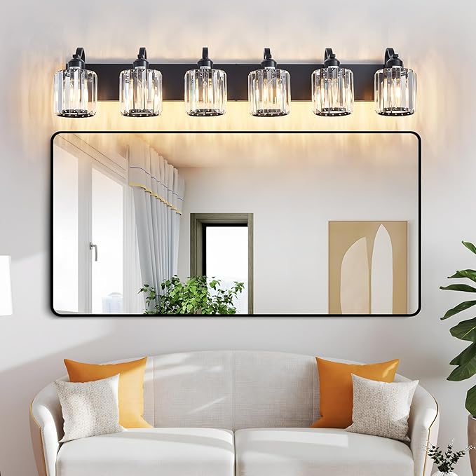 Black Crystal Bathroom Vanity Lights Fixtures 6 Light Over Mirror Modern Matte Black Bath Wall Lights with Round Shade (Exclude Bulb)