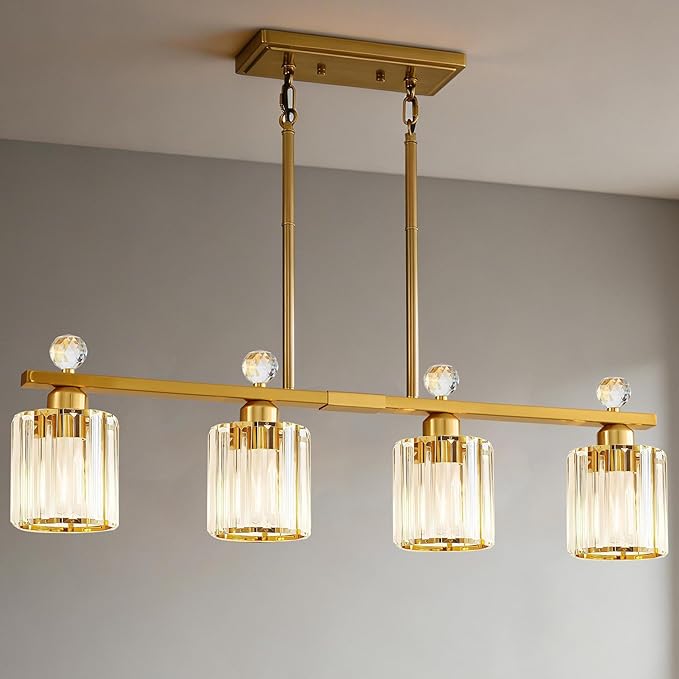 Modern Dining Room Light Fixture Over Table, Crystal Pendant Lights Kitchen Island, Chandeliers for Dining Room Kitchen Light Fixtures (E26) 4-Light Gold