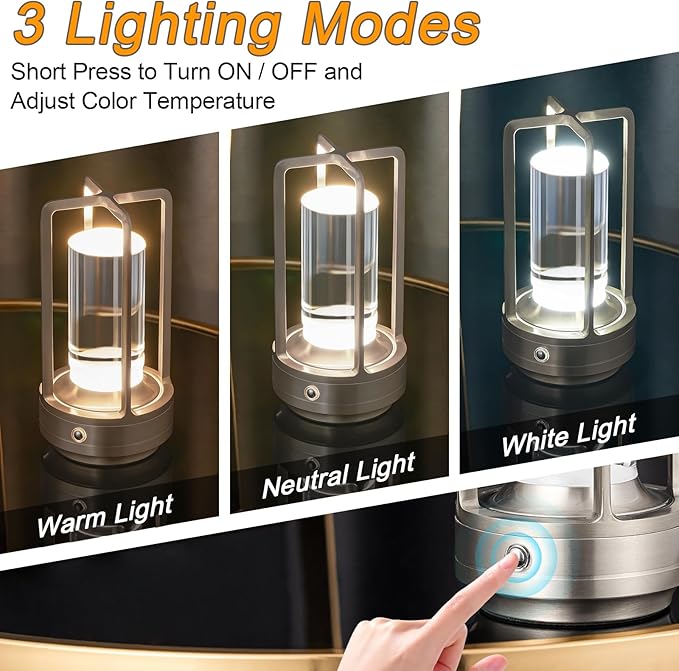 Rechargeable Table Lamp Cordless, 3 Color | Crystal | Stepless Dimming, for Bedroom, Cafe, Camping, Dining Table, Home Decor, 2 Pack (Silver)