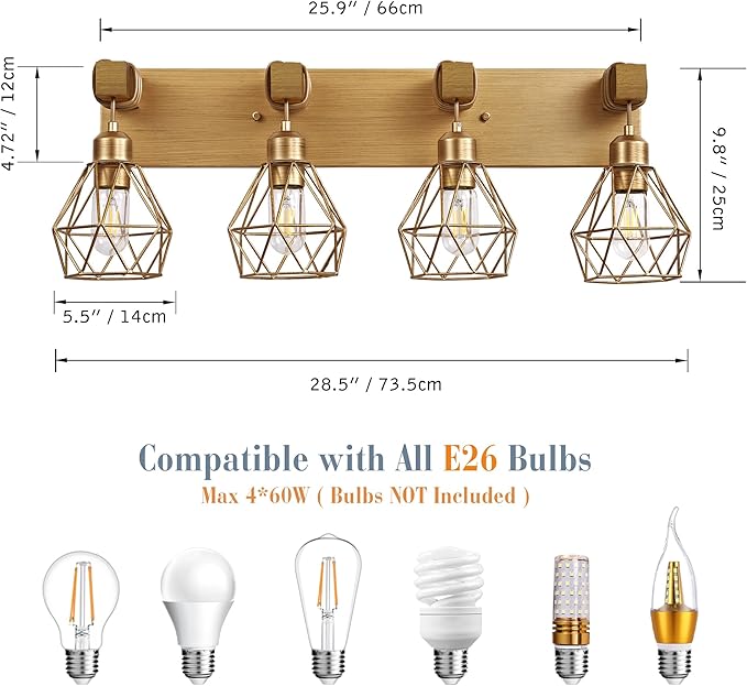 Farmhouse Bathroom Light Fixtures, 4-Light Gold Bathroom Vanity Light, Rustic Matte Antique Brass Finish with Metal Lampshade, Wall Sconces for Bedroom, Living Room, Hallway