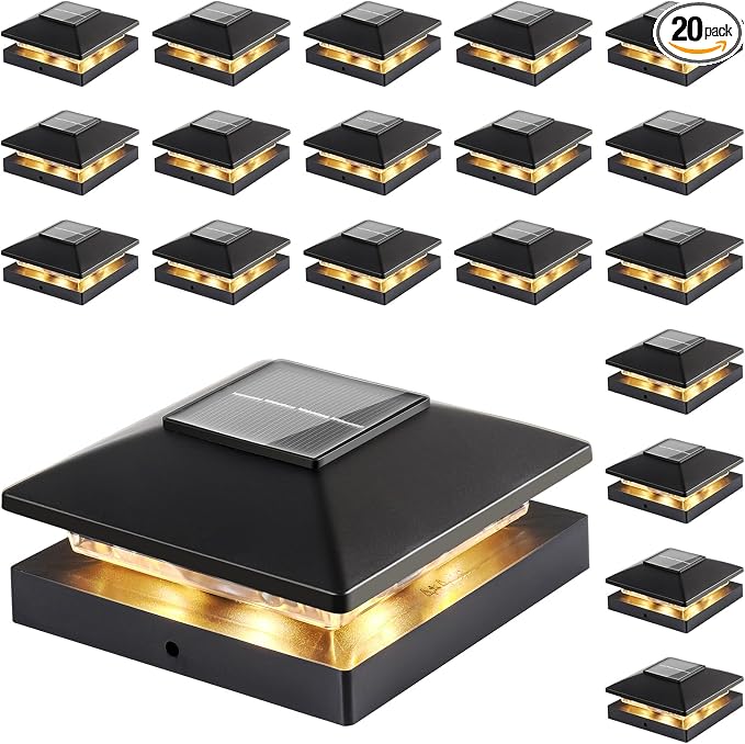 Solar Post Cap Lights Outdoor 20pack, Waterproof Solar Powered Deck Fence Post Lights Fit 4x4 Wood/Vinyl Posts, Bright Warm White Solar Post Lights Decorate Deck, Patio, Porch, Fence(Black)