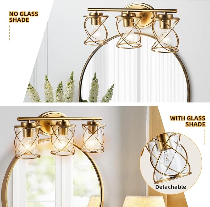 Mavcadonf Modern Vanity Lights with Cage Shade - 3 Lights, Brushed Gold, Over Mirror, for Bathroom & Kitchen