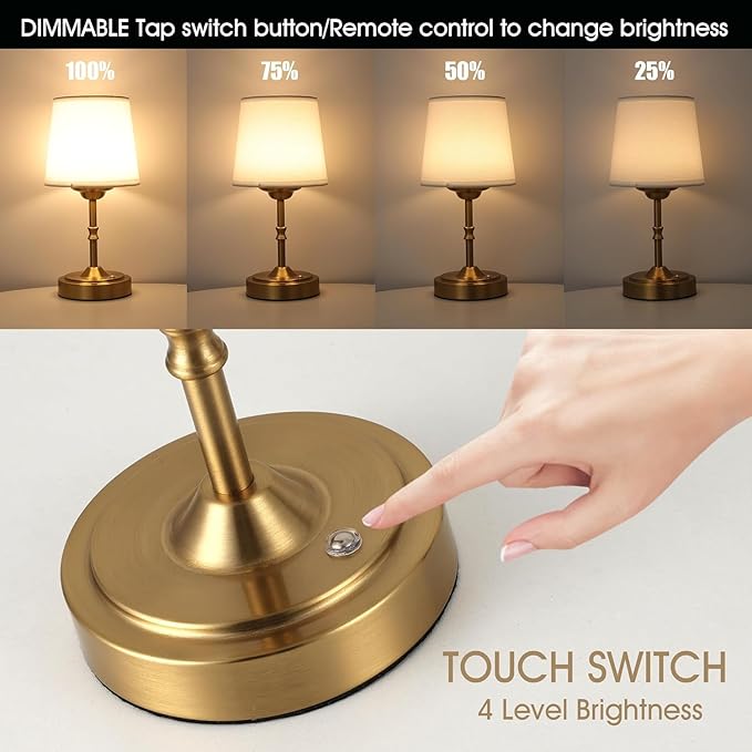 Vintage Gold Cordless Table Lamp with Remote and Touch Control, Wireless Small Led Battery Powered Rechargeable Portable Table Light, Dimmable 3 Color Mini Desk Lamp for Home Patio, 2Pack