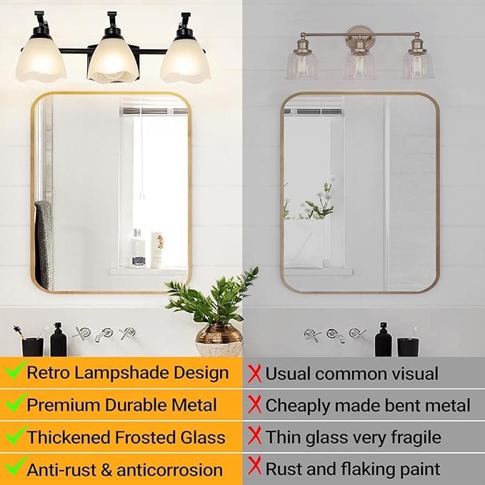 WJShome 3-Light Bathroom Light Fixture, 19.5" Vintage Vanity Lights with Frosted Glass Shades, Farmhouse Black Wall Light Fixtures, for Mirror, Living Room, Cabinet, Bedroom, Porch
