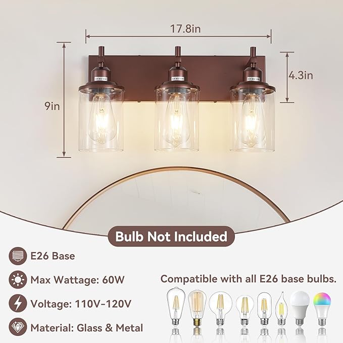 Lanhall 3-Light Bronze Bathroom Light Fixtures Over Mirror,Modern Bathroom Vanity Light with Clear Glass Shade, Wall Sconce for Bathroom Hallway Cabinet Bedroom Kitchen Living Room Foyer E26 Base