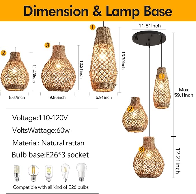 3-Light Rattan Pendant Ligh,Boho Woven Wicker Coastal Ceiling Hanging Farmhouse Chandelier for Kitchen Island Living Room Dining Room