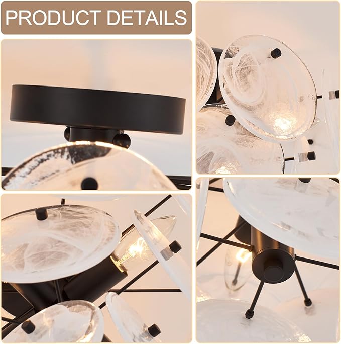 Modern Flush Mount Glass Ceiling Light, Black Hallway Lights Vintage Chandelier, 4-Light Unique Light Fixture for Bedroom Entryway Kitchen Laundry Bathroom Farmhouse