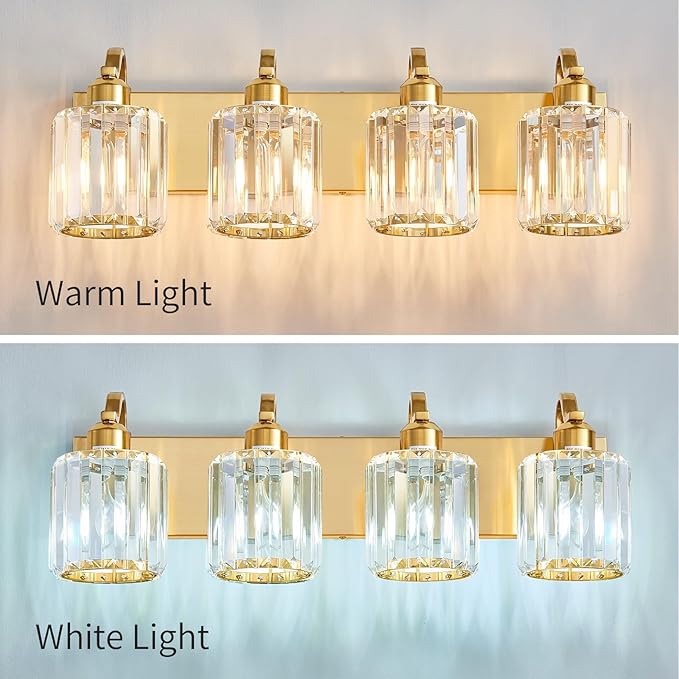 Crystal Vanity Lights, Modern 4-Light Bathroom Lights Over Mirror, Bathroom Light Fixtures with Polished Gold Finish for Mirror Bedroom Living Room (Exclude Bulb)