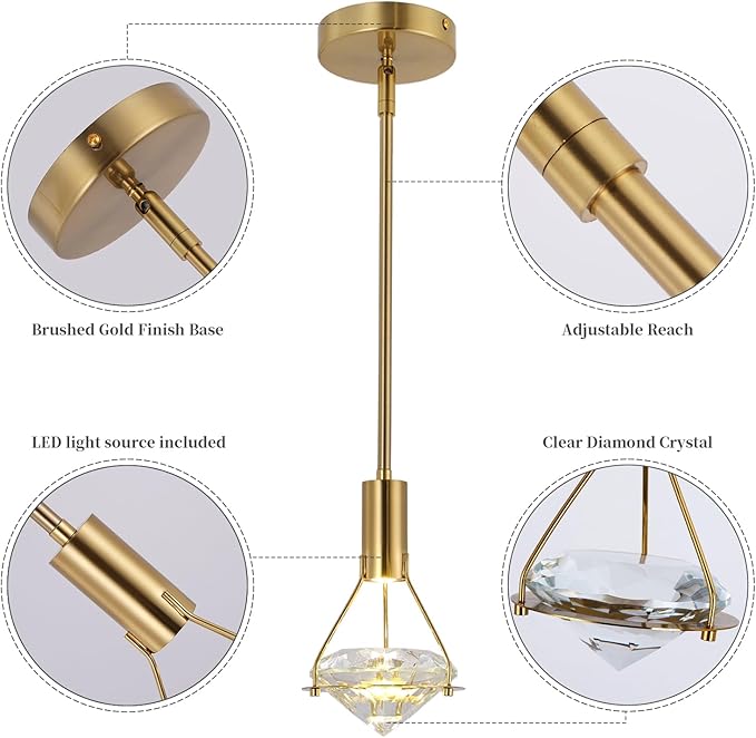 Modern Crystal Pendant Light,LED Crystal Hanging Light Fixture for Dining Room,1-Light Diamond Crystal Chandelier,Height Adjustable Pendants Lamp,Gold Ceiling Pendant Light for Kitchen Island Bedroom