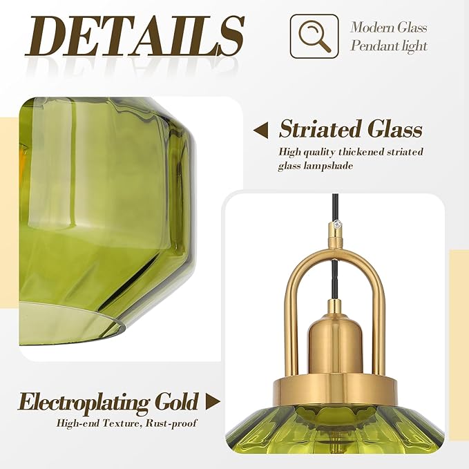 9in Mid Century Modern Green Glass Pendant Light Fixture, Small Gold Kitchen Island Pendants Light Glass Ceiling Hanging Lamp for Foyer Dining Room Bedroom Entryway Hallway Over Sink