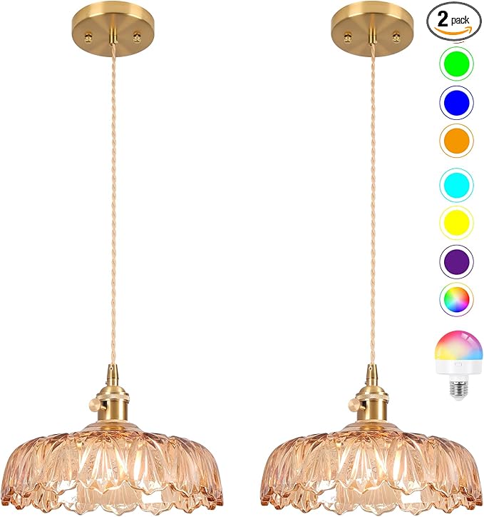Battery Operated Pendant Light,Vintage Light Fixtures 2500mAh 9.4in RGB Light Bulb Amber Modern Chandelier with Remote Control Wireless Adjustable Rechargeable Chandelier for Kitchen Island 2 Pack