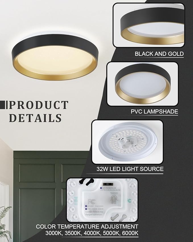 ANYLOVE 10 Inch Modern Flush Mount Ceiling Lights,White Gold Plastic Round Ceiling Light,Dimmable 3000K,3500K,4000K,5000K,6000K,for Living Room,Dining Room,Bedroom,Kitchen (Black and Gold, 15 Inch)