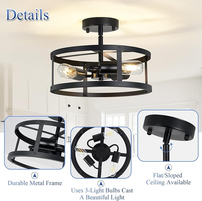 3-Light Semi Flush Mount Ceiling Light, Farmhouse Black Metal Cage Fixture, Industrial Lighting for Kitchen Foyer Hallway Entryway 2 Pack