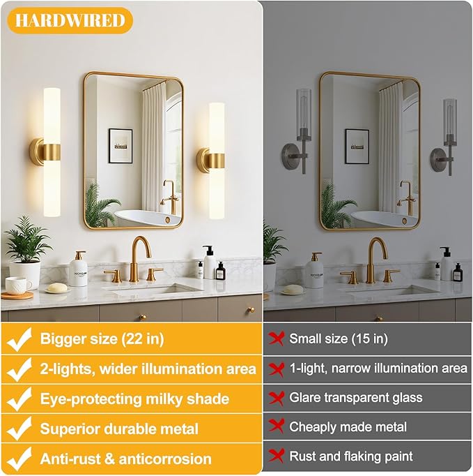 Wall Sconces Set of Two, Modern Bathroom Sconces Wall Lighting with Milky White Glass, Brushed Gold Sconces Wall Decor Set of 2 for Bathroom Mirror Bedroom Living Room Hallway (HARDWIRED)