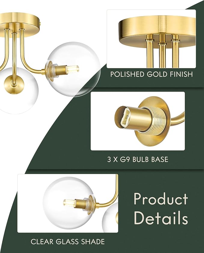 3-Globe Gold Flush Mount Ceiling Light in a Modern Farmhouse Design is Ideal for Living Rooms, Bedrooms, or Dining Rooms. Model:CKCL4845-3W-CLPG,(Bulb Incl)
