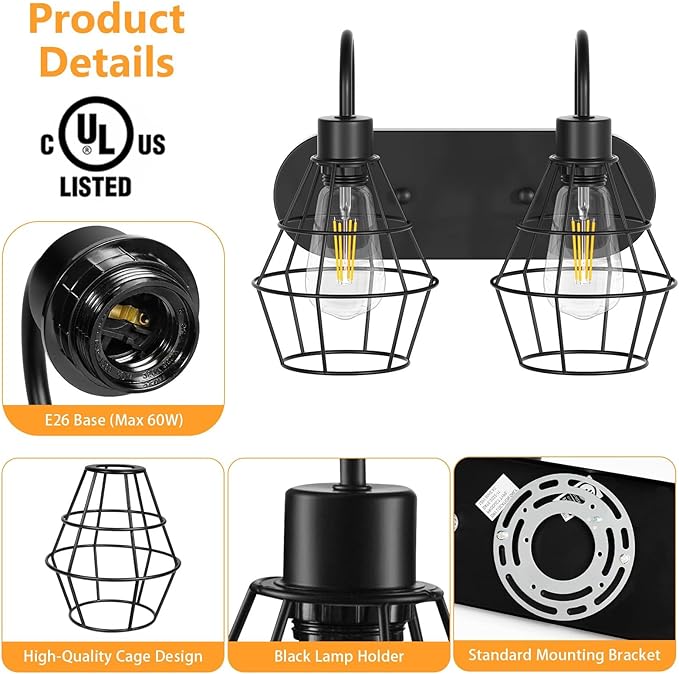 Bathroom Vanity Light Fixtures, 2-Light Bathroom Lighting Fixtures Over Mirror with Cage, E26 Base Black Farmhouse Wall Sconces for Bedroom Living Room, UL Listed