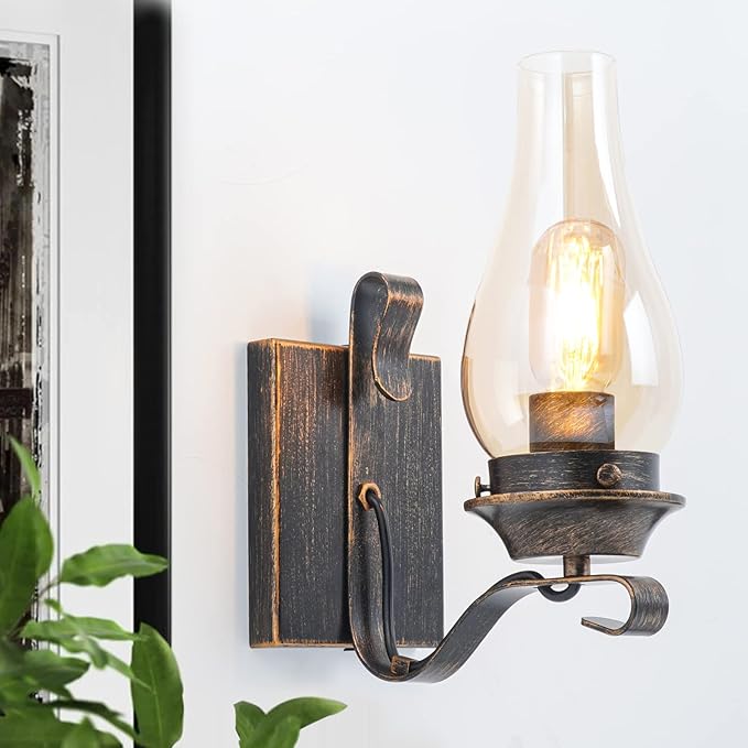 Yisuro Hardwired Wall Sconce,Oil Rubbed Bronze Hardwired Wall Sconce Indoor, Retro Rustic Wall Lamps with Amber Glass,Vintage Bedside Sconces Wall Lighting for Living Room Bathroom