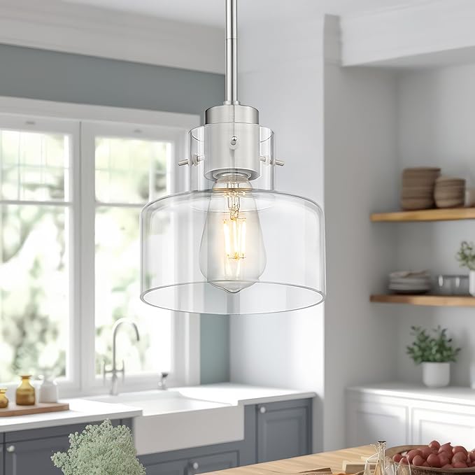 Brushed Nickel Pendant Lights Kitchen Island, 6" Pendant Light Fixtures Over Island with Clear Glass Shade, Modern Kitchen Island Lighting for Dining Room Entryway, PL124-BN-G-1PK