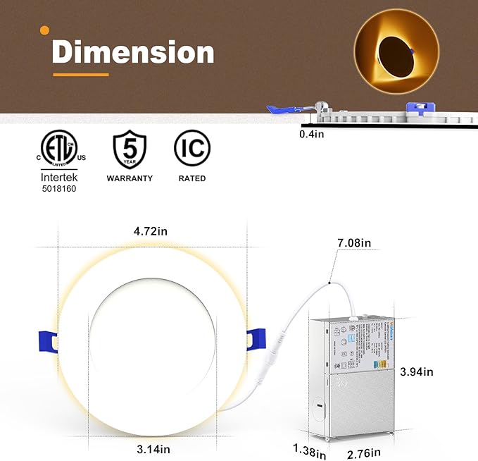 VOLISUN 6 Pack 4 Inch 5CCT Recessed Light with Night Light,Canless LED Recessed Lighting 4 inch,2700K-5000K Selectable,9.5W=80W,810LM Dimmable Recessed Ceiling Wafer Light,ETL Certificated