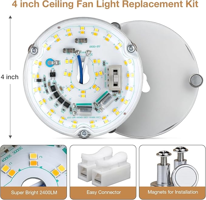 LED Ceiling Fan Light Retrofit Kit, 4 Inch, Ceiling Light Replacement kit Panel PCB Engine, 18W, 3CCT 3000K-4000k-5000K Shift by Toggle Switch 120V, ETL, 2200LM, CRI90, Dimmable