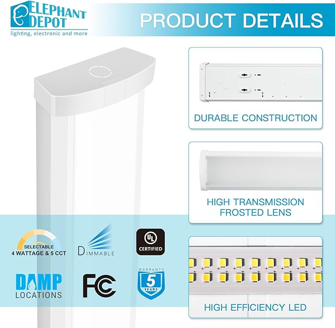 4PK 4FT LED Wraparound Light, 48 Inch Garage Ceiling Lights, 24/31/38/46W, 5500LM, 3000-6500K 5CCT, 120-277V Hardwired 4FT Led Light Fixtures for Garage, Workshop,Closet,Shop,UL(0-10 v dimming!)