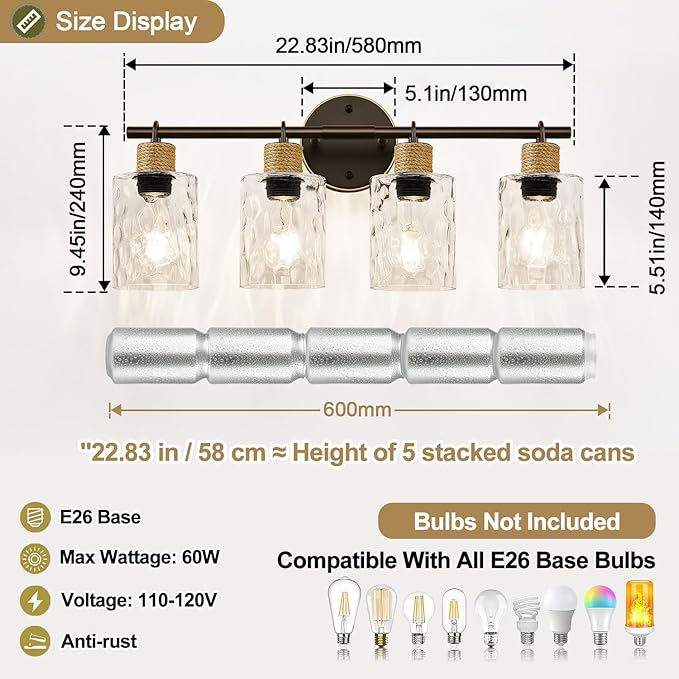 MOKATNG Bathroom Light Fixtures, 4-Light Coastal Vanity Lights with Crystal Glass Shade, Oil-Rubbed Bronze Bathroom Wall Lamp for Mirror Kitchen Hallway Cabinet