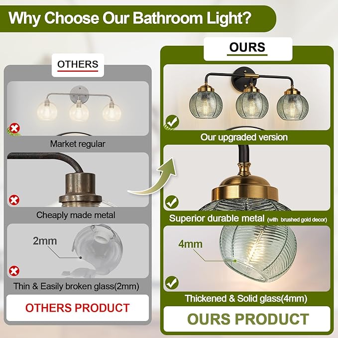 MOKATNG Bathroom Light Fixtures, 3-Light Green Vanity Lights with Unique Leaf Texture Glass Shade, Modern Matte Black and Gold Bathroom Wall Lamp for Mirror Hallway Cabinet Living Room