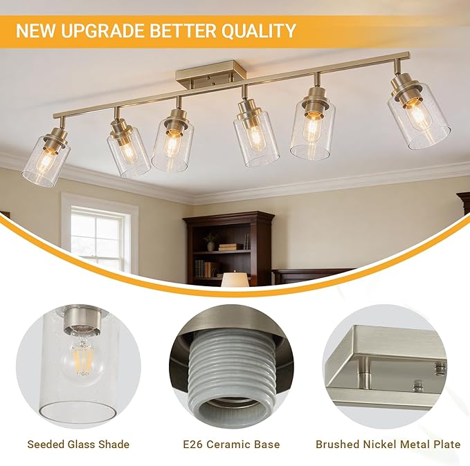 LOUSACE 6-Light Brushed Nickel Track Lighting Fixtures Ceiling Mount Spotlights with Seeded Glass Shade, Modern Bathroom Tracking Vanity Lights for Hallway Kitchen