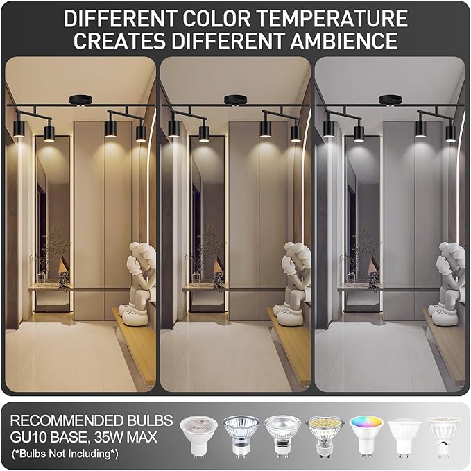 Track Lighting Kit, LED Track Lighting Fixtures Ceiling, 30" Black Ceiling Spotlights, 4 Light Kitchen Light Fixtures, Spot Light with Rotatable Heads, Track Lights for Bedroom(GU10 Socket, NO Bulb)