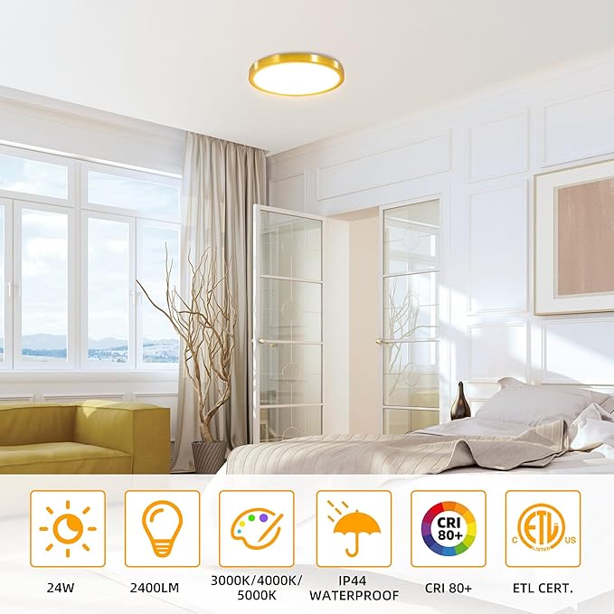 Hlite 4pack 12 inch Flush Mount LED Ceiling Light Fixture,24W 2400LM Super Slim Light Fixtures Ceiling Mount 3000K/4000K/5000K 3CCT Selectable,Light Fixtures for Kitchen,Bedroom (Gold)