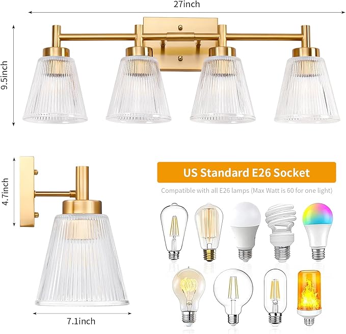 OCIOC 4-Light Bathroom Vanity Light, Burshed Gold Bathroom Light With Stripe Glass Shade, Makeup Light over Mirror, Wall Mounted Sconces for Living room, Kitchen, Hallway