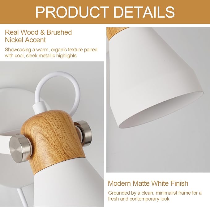 Modern Plug-in Wall Sconces - Matte White Adjustable Reading Light with Natural Wood Accent, Wall Lamp for Bedroom, Living Room, Home Office