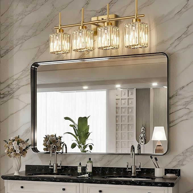 Torondo Modern Crystal Bathroom Vanity Light 4-Lights Brushed Gold Bathroom Light Fixtures Over Mirror Brushed Gold Vanity Lighting Fixtures Square Shade Brass Wall Sconce (Bulbs Not Include)
