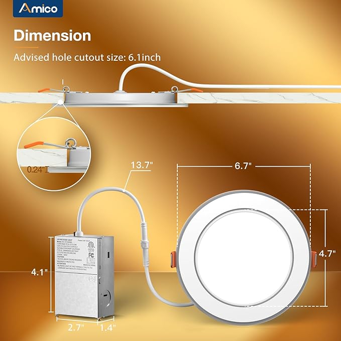 Amico 12 Pack 6 Inch 5CCT LED Recessed Ceiling Light with Double Ring Night Light, 2700-5000K Selectable Ultra-Thin Recessed Lighting, 12W=110W, 1100LM, Dimmable Canless Wafer Downlight, ETL, FCC