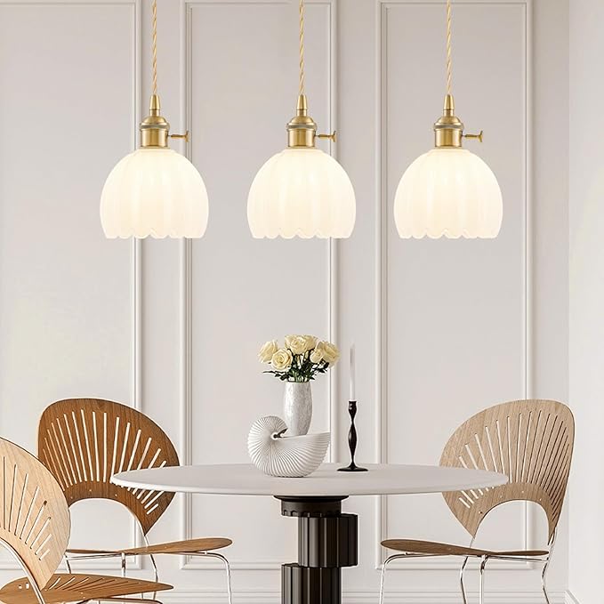 Mini Pendant Lights Kitchen Island, Small Adjustable Pendant Light Fixture with Milk White Tulip Glass Lampshade, Vintage Gold Pendant Lighting, Pendant Light for Bedroom Dining Room Hallway