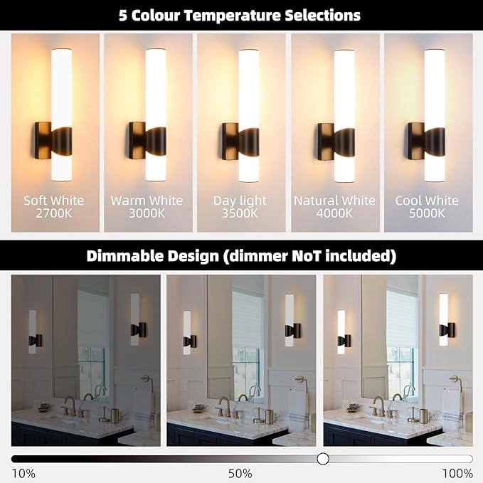 Black Wall Sconces Set of Two 15 inch 5CCT Dimmable Bathroom Sconce with Acrylic Shade LED Hardwired Wall Light Fixtures for Bathroom Living Room Bedroom Hallway, 2 Pack
