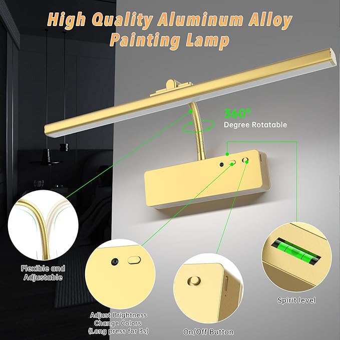 Lightbiz Picture Light, 15.35inch 5400mAh Rechargeable Picture Lights for Wall Battery Operated Wall Lights, 3 Colors Paintings Light Dimmable Art Light for Artwork, Gallery (Gold)