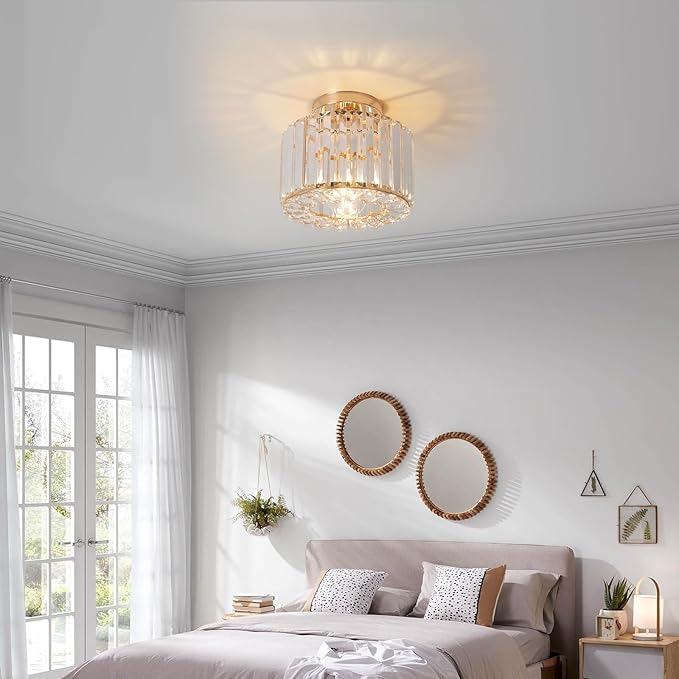 Crystal Ceiling Light, Semi Flush Mount Ceiling Light Gold Crystal Chandelier for Bedroom Kitchen Hallway Entrance Balcony Dining Rooms Living Rooms Bar