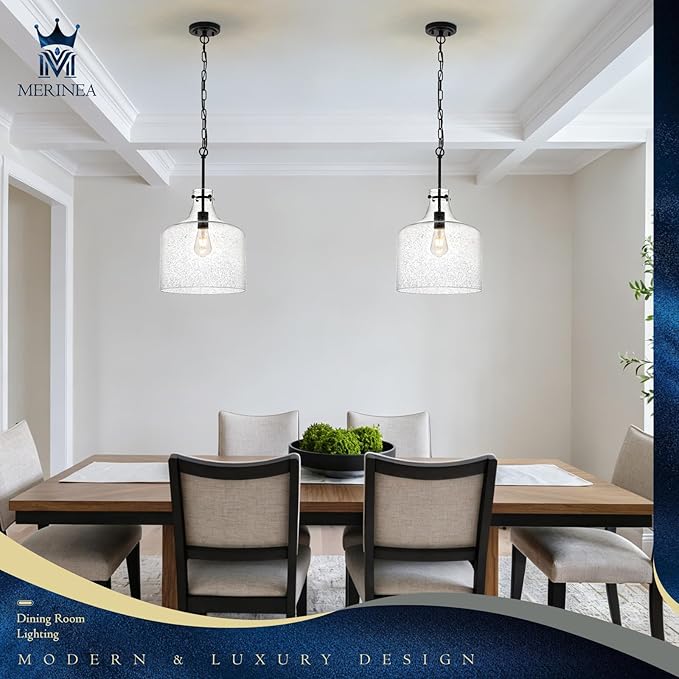 12" Black Seeded Glass Pendant Light Modern Hanging Ceiling Light for Kitchen Island Dining Room Hallway Farmhouse Hand-Blown Bubble Glass Lighting, E26 Socket
