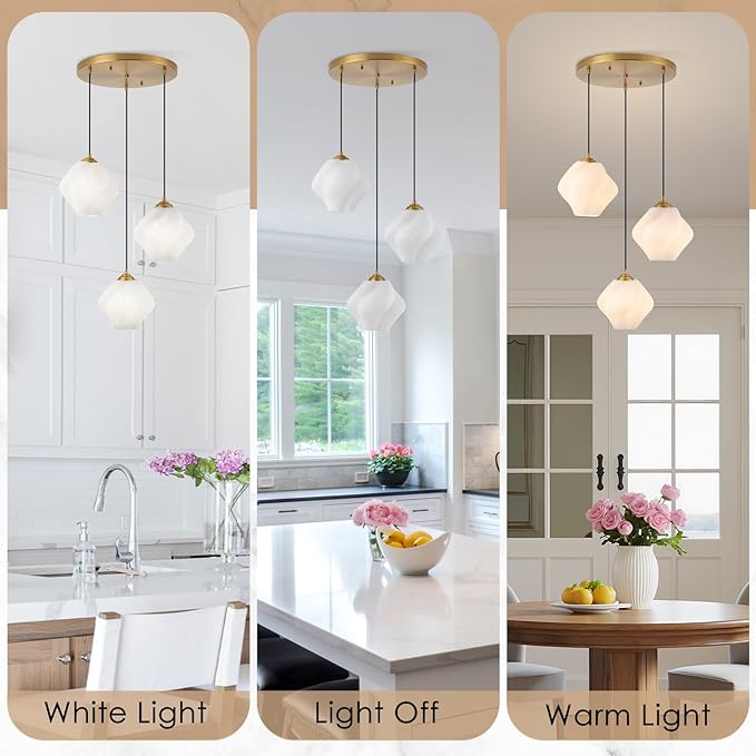 3-Light Cluster Pendant Lights, Mid Century Modern Cluster Chandelier with Milk White Glass, Brass Gold Pendant Lighting for High Ceiling, Kitchen Island, Staircase, Dining Room, Living Room