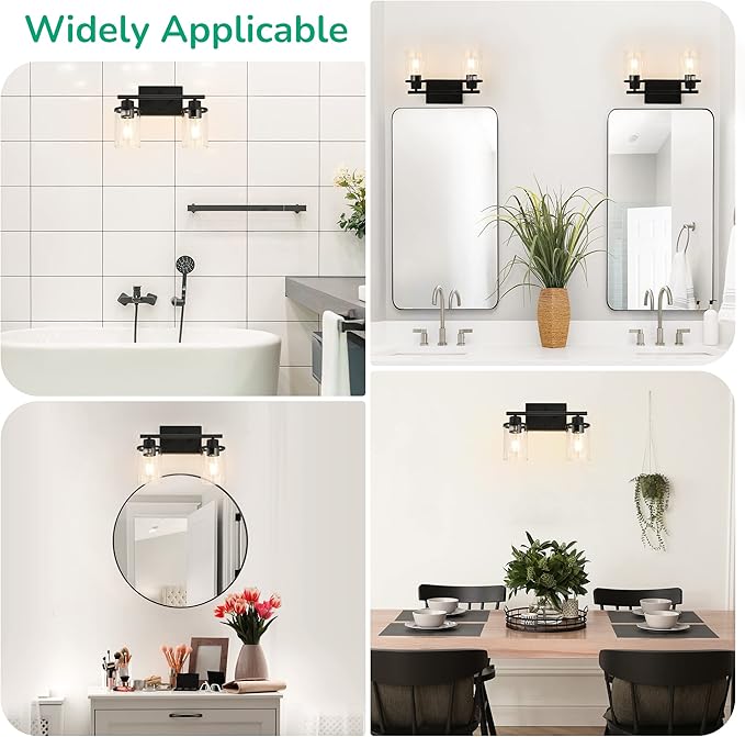 EDISHINE Bathroom Light Fixtures, 2-Light Bathroom Vanity Light with Clear Glass Shades, Matte Black Vanity Lights, Vintage Wall Sconces for Bedroom Living Room Hallway, E26 Base (Bulbs Not Included)