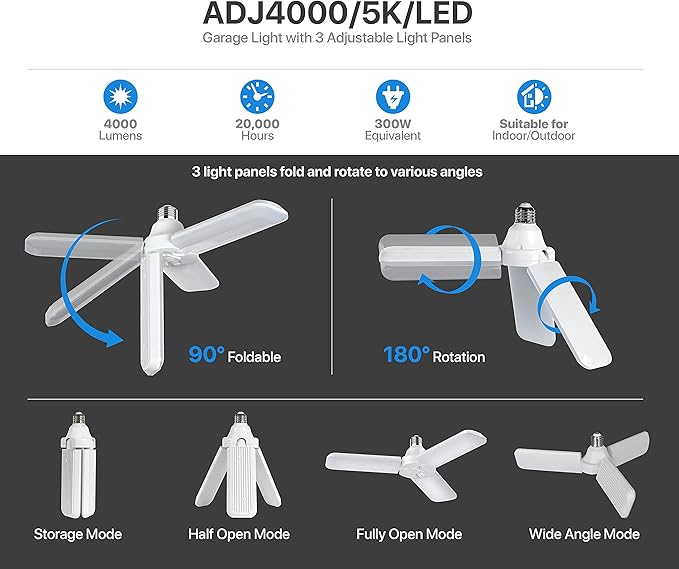Feit Electric LED Garage Light, 3 Panel Adjustable Screw-in LED Shop Light Bulb, E26 Base, 4000 Lumens, Non-Dimmable, 5000k Daylight, Garage Ceiling Light, White, ADJ4000/5K/LED