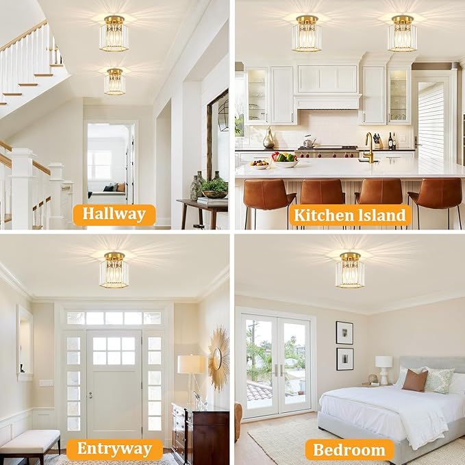 TOULMJ 2 Pack Brushed Gold Ceiling Lights, Modern Crystal Semi Flush Mount Kitchen Ceiling Lighting Fixtures Hallway Ceiling Lamp for Bathroom Bedroom Laundry Room Entryway Foyer Lighting