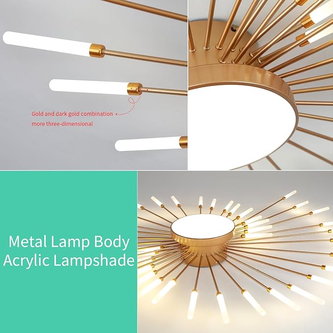 ziidoo Modern Ceiling Light, 42+1 Lights Metal Firework Designed Chic Led Lighting Fixture for Farmhouse Kitchen Dining Room Bedroom Hallway Living Room (Gold and Dark Gold)